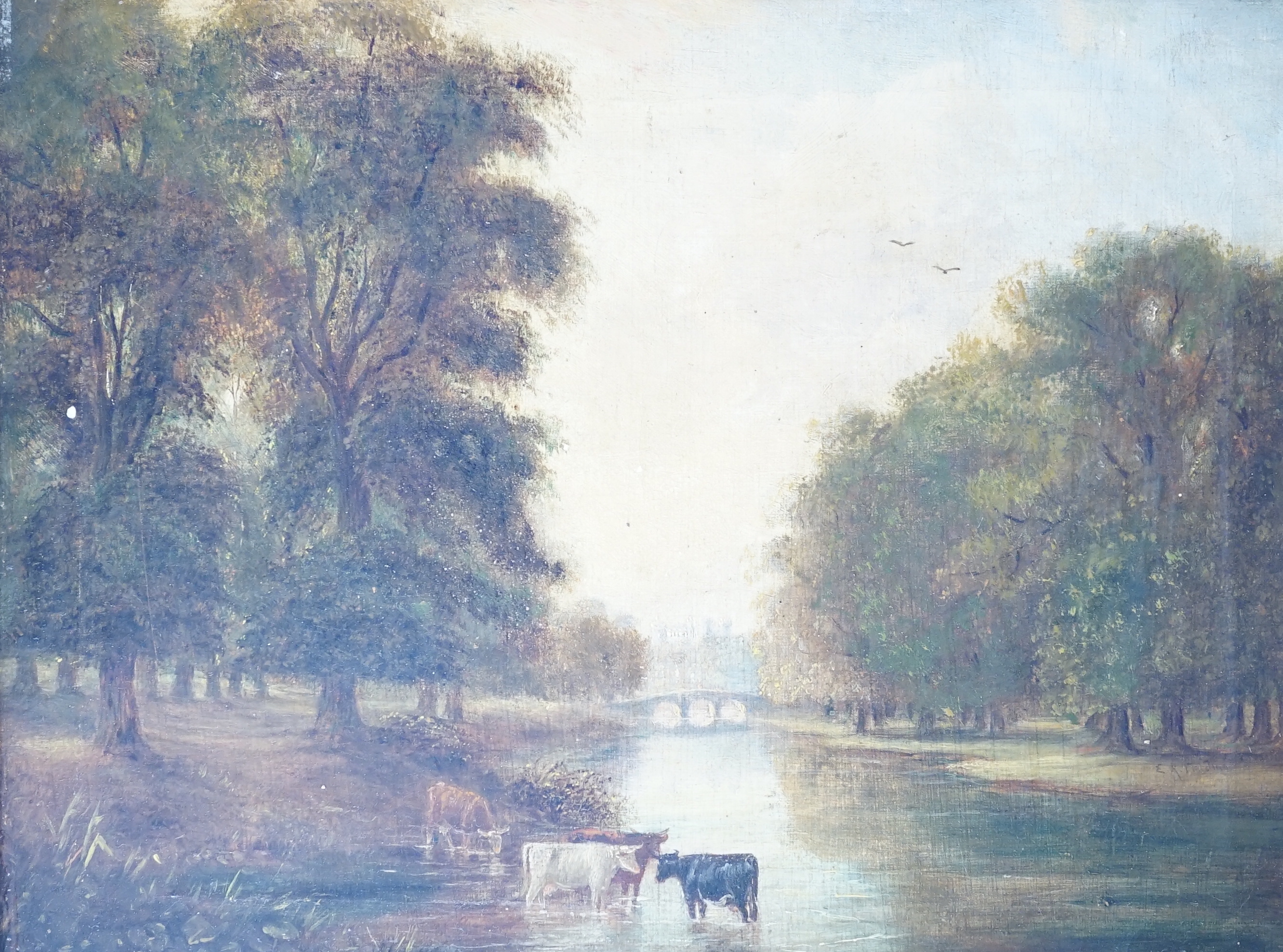 English School c.1900, three oils on canvas, all by differing hands, Horse cart beside a pond, 40 x 60cm (a.f), Alpine angler, 36 x 48cm and Cattle watering, 24 x 31cm